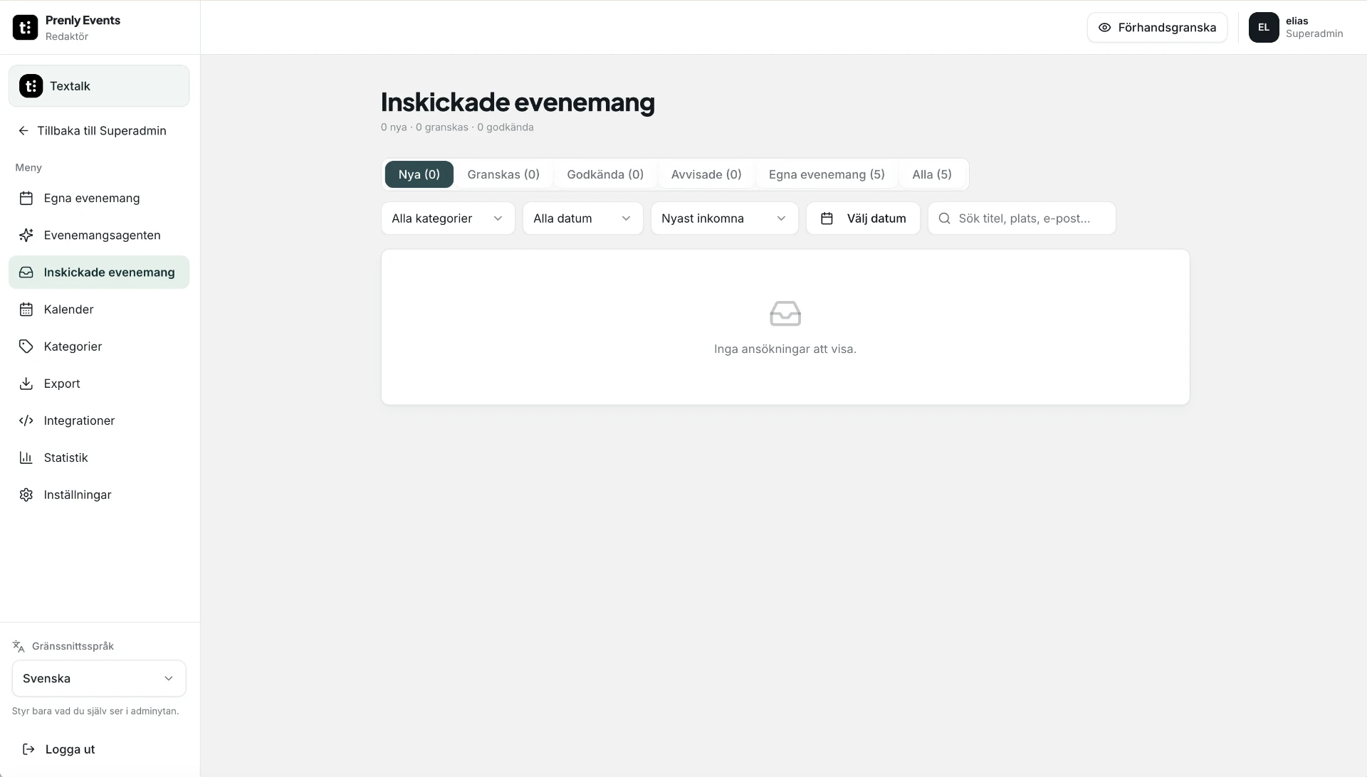 Inskickade evenemang i redaktionsportalen