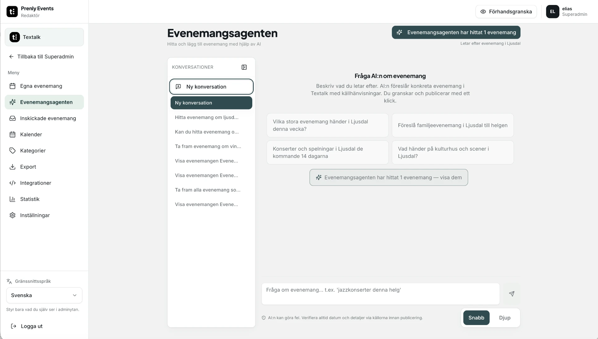 Evenemangsagenten i redaktionsportalen